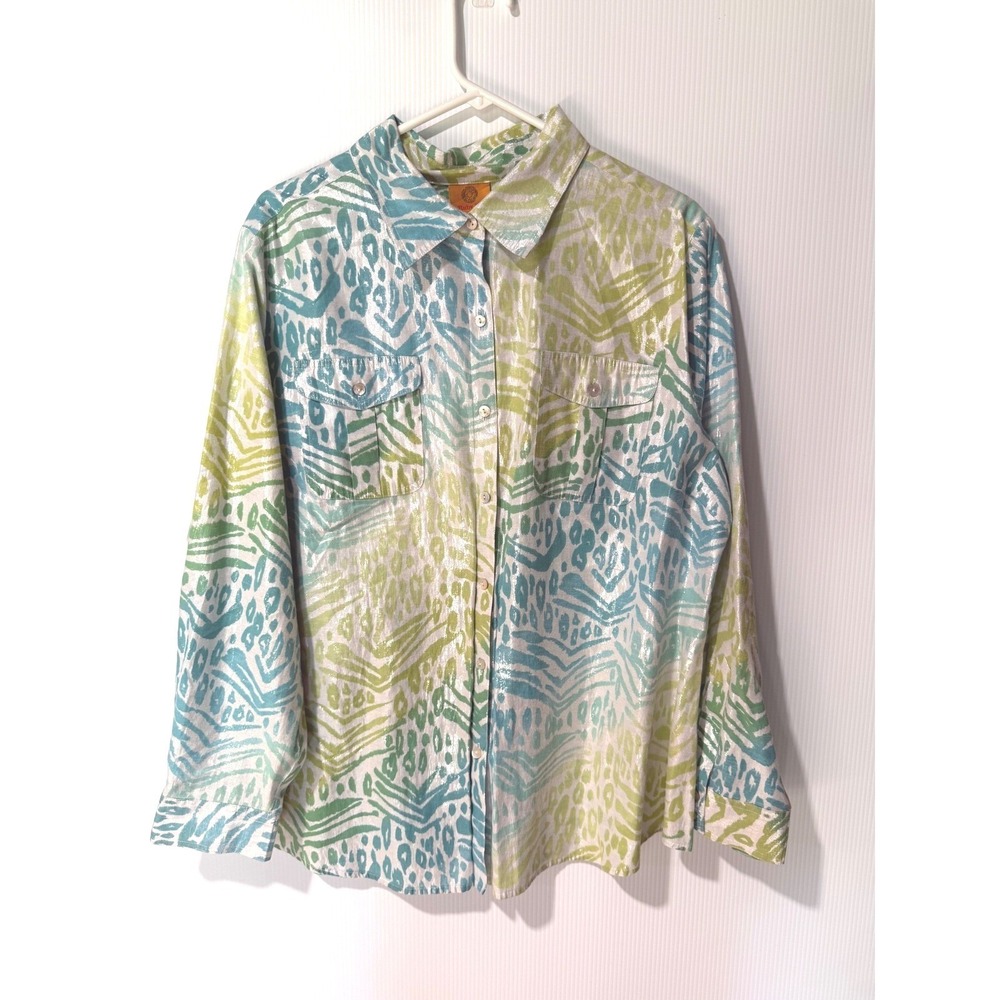Ruby Rd Tribal Button Shirt Plus 20W Boho Coastal Grandmother Metallic Linen